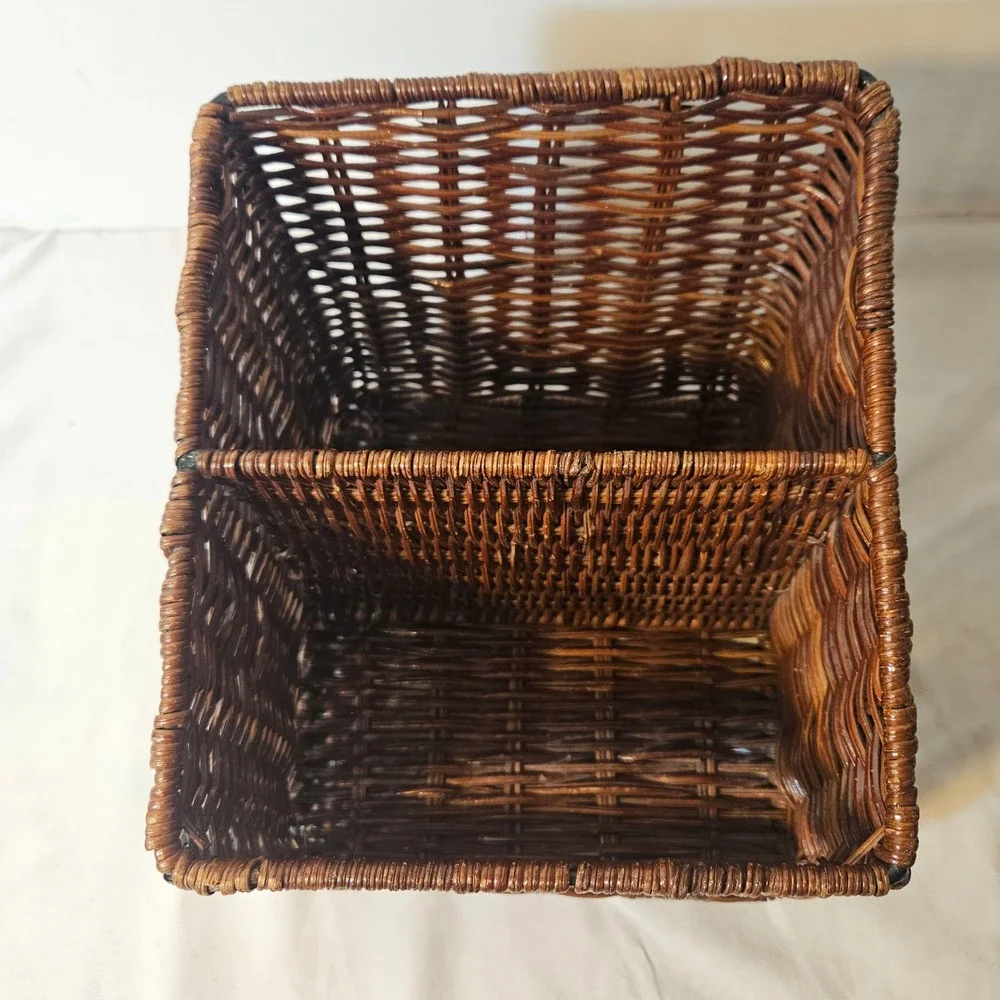 Vintage Brown Wicker Desk Organizer 2-Compartment Woven Mail Sort Basket Rustic